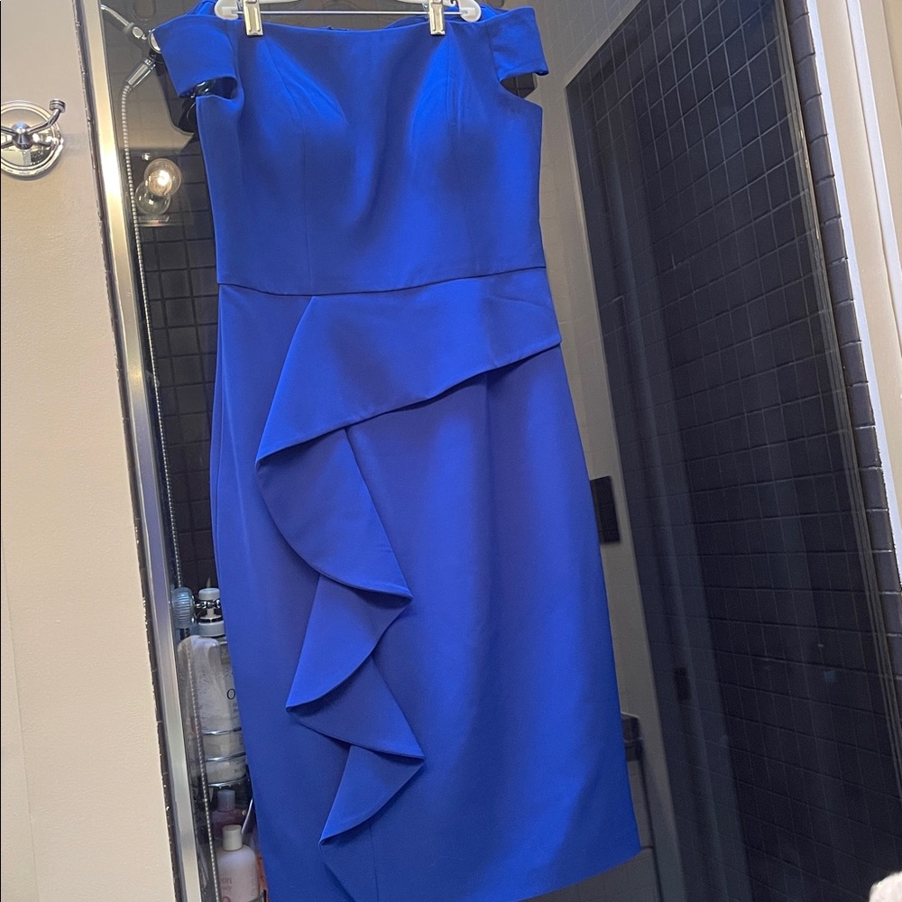 Vince Camuto royal blue, off-the-shoulder, front peplum to ruffle Dress-size 10